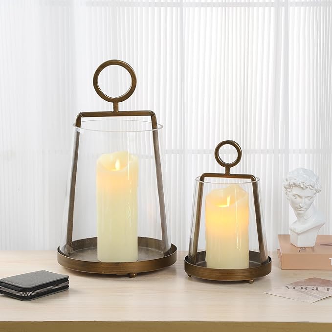 9" Wide Modern Farmhouse Metal Hurricane Candle Holder with Handmade Sturdy Glass Sleeve in Antique Brass for Pillar Candle & Plants, Hurricane Lantern, Industrial, Minimalistic (1, Brass, 9"x14")