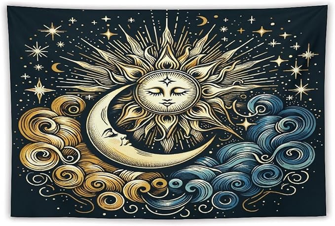 HZOHNAGO Sun Moon Tapestry Boho Golden Stars Pattern Printed Wall Tapestry Wall Hanging for Bedroom Living Room Dorm 90" W x 60" H