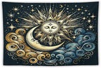HZOHNAGO Sun Moon Tapestry Boho Golden Stars Pattern Printed Wall Tapestry Wall Hanging for Bedroom Living Room Dorm 90" W x 60" H