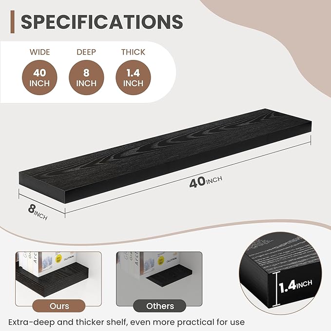 40 Inch Floating Shelves, 8 Inch Deep Floating Shelves for Wall, Hanging Shelf with Invisible Brackets, Deep Shelves for Bathroom, Bedroom, Living Room, Black, Set of 2