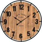 Large Old Town Farmhouse Wall Clock 20 Inches - Rustic Antique Wood with Metal Circle and Large Numerals Silent Battery Operated Wall Clock for Office Kitchen Bedroom Living Room