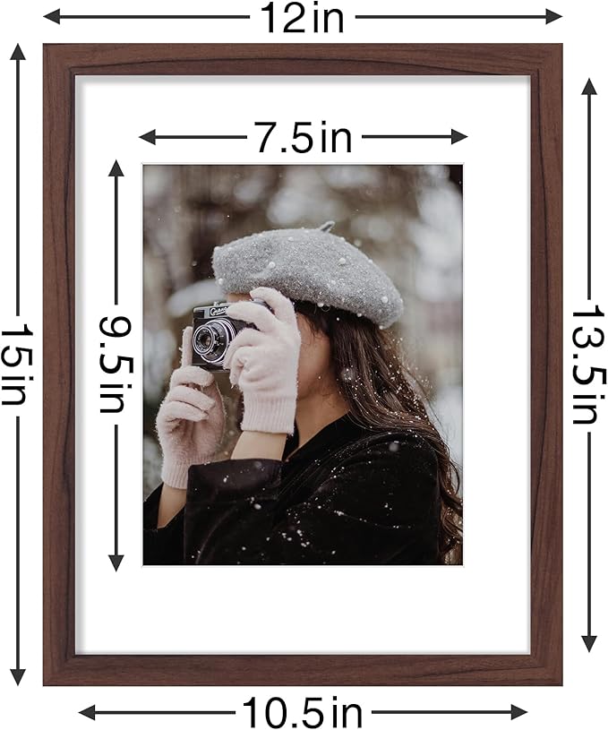 Vittanly 11x14 Picture Frames Set of 9, Shatter Resistant Plexiglass, Display 8x10 Pictures with Mat or 11x14 without Mat, Photo Frames for Wall or Tabletop, Engineered Wood, Walnut