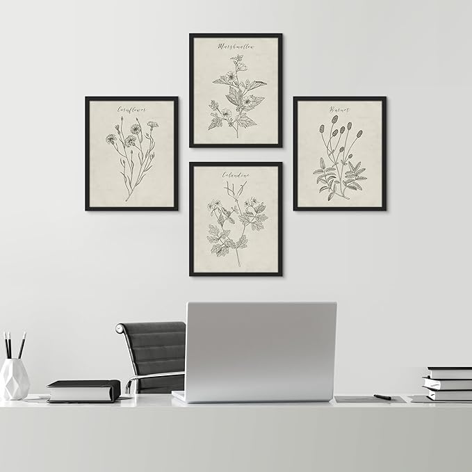 SIGNWIN Framed Vintage Wildflower Wall Art, Set of 4 Plant Collage Drawing Wall Decor Prints, Nature Wilderness Wall D¨¦cor for Living Room, Bedroom - 12"x16" Black
