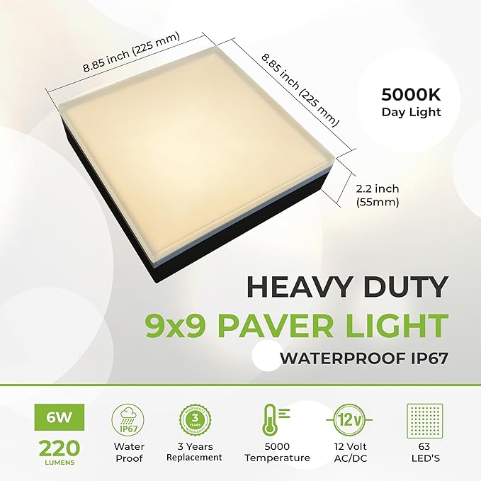 LUMENGY Paver Light 9×9 Inch (8.85 x 8.85 inches), 2700K Warm White Glare-Free Illumination for Driveways, Pathways, Pool Deck & Patios,12V AC/DC, Waterproof & Drive-Over Rated