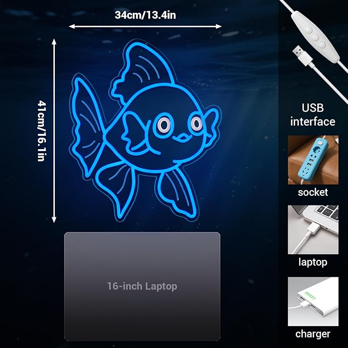 Neon Signs for Wall Decor Lucky Blue Goldfish LED Signs for Wall Art Decor Ocean theme Restaurant Home Bar Kitchen Dining Bedroom Decor Christmas Gifts