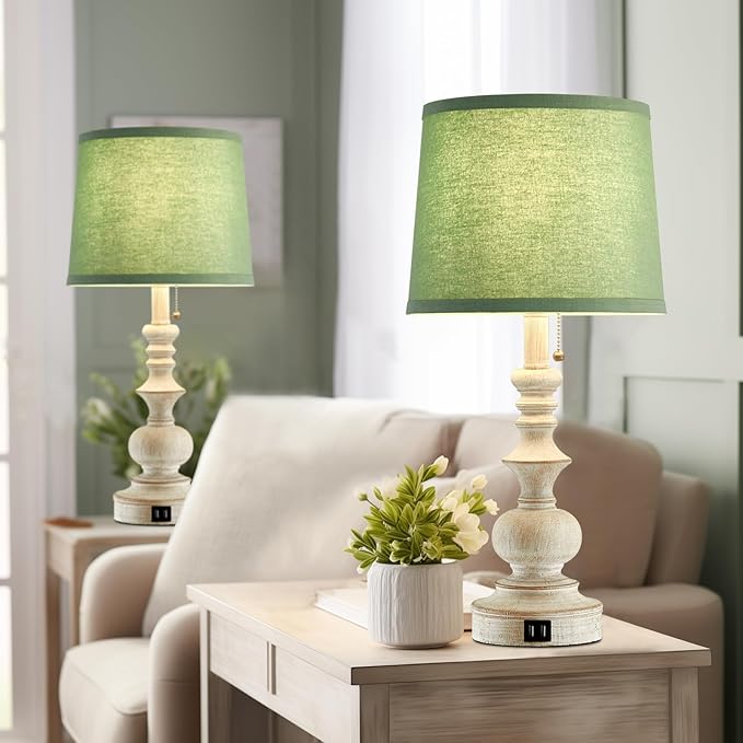 22'' Farmhouse Lamps for Bedrooms Set of 2 Bedside Lamps for Nightstand with USB Charging Ports Traditional Boho Table Lamps for Living Room Study Room,Green Shade,Bulbs Not Included