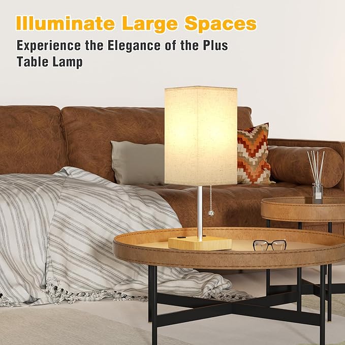 aooshine Wood Grain Small Table Lamp for Bedroom - 3 Color Temperature 3000K 5000K 4000K Bedside Lamp, Pull Chain Control, USB A and C Ports, Bulb Included