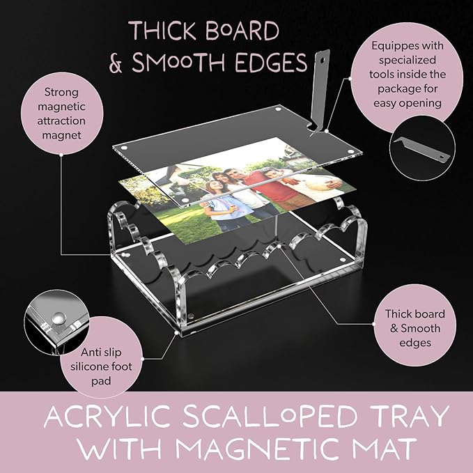 5x7in Acrylic Scalloped Tray with Magnetic Mat, Acrylic Picture Frames Fits 4x6 Photos & Smaller with Floating Effect, Freestanding Desktop Display for Livingroom, Bedroom, Office,...