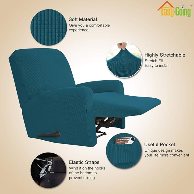 Easy-Going Recliner Stretch Sofa Slipcover Sofa Cover 4-Pieces Furniture Protector Couch Soft with Elastic Bottom Spandex Jacquard Fabric Small Checks(Recliner,Peacock Blue,Large)