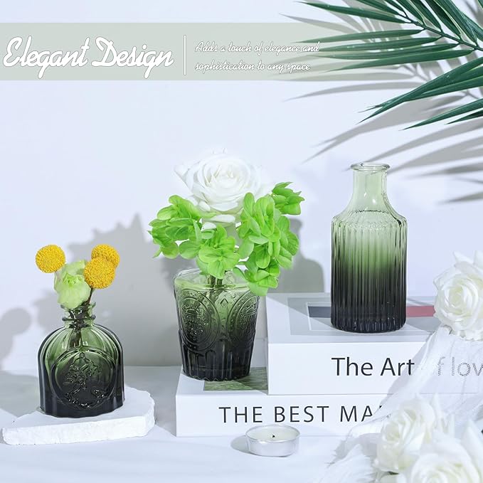 Glass Bud Vase Set of 24, Small Green Flower Vases for Centerpieces in Bulk, Mini Vintage Vase for Wedding Decor, and Home Table Décor