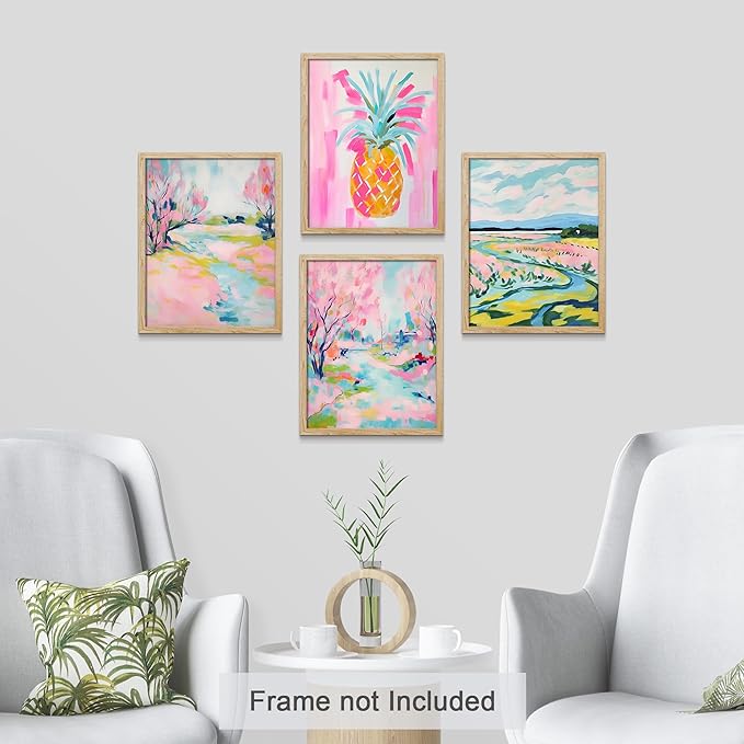 SIGNWIN Adhesive Canvas Poster Vibrant Landscape and Pineapple Colorful Preppy Room Decor Pink Decor Digital Art Modern Art Decorative Multicolor Scenic for Bedroom - 8"x10"x 4
