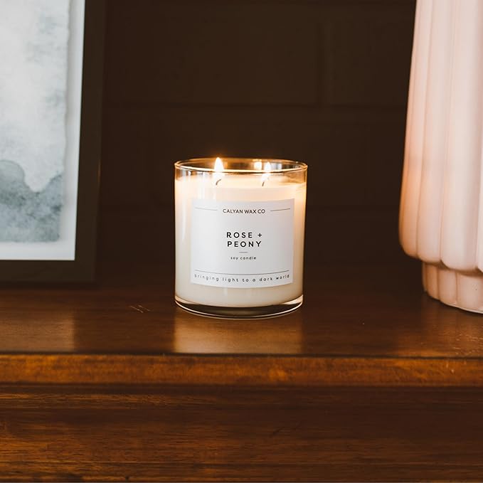 Calyan Wax Co. 2 Wick Candle, Rose + Peony Scented Candle, 37 Hour Burn Time, Aromatherapy Soy Candles, Non Toxic & Vegan Soy Wax, Glass Tumbler Scented Candles, 12.5oz