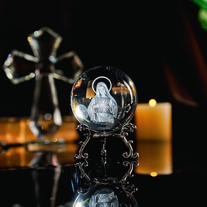 ZEERSHEE 3D The Virgin Mary Holding The Bible Crystal Ball with Stand Blessed Mother Statues Paperweight Christian Catholic Religious Gifts for Women Men