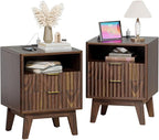 Nightstand Set of 2 with Charging Station, Modern Fluted 2 Drawers End Tables, Side Tables with Storage Shelf for Bedroom, Office, Walnut