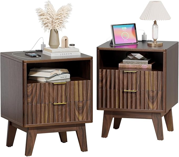 Nightstand Set of 2 with Charging Station, Modern Fluted 2 Drawers End Tables, Side Tables with Storage Shelf for Bedroom, Office, Walnut