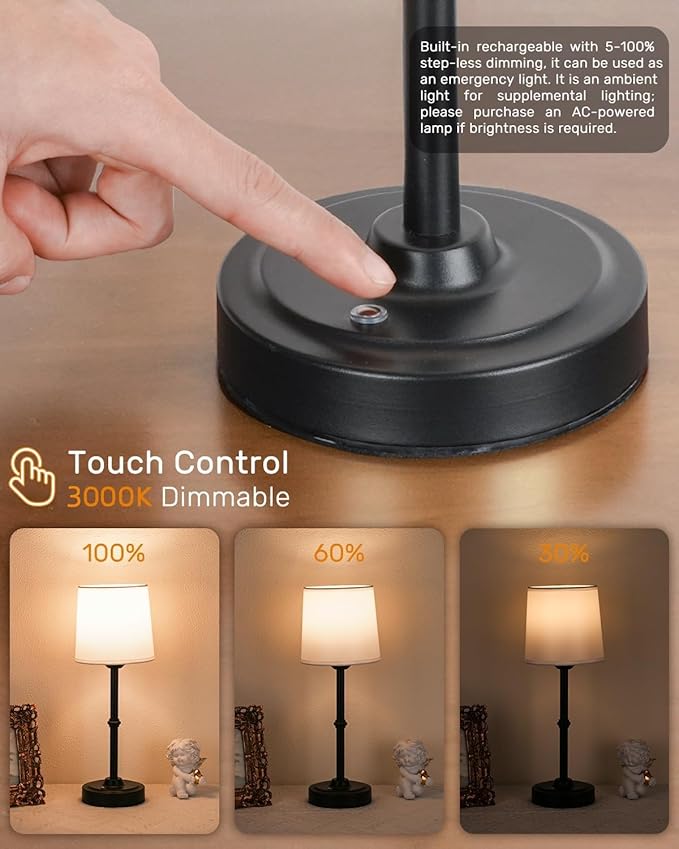 Cordless Led Table lamp,6000mAh Battery Powered Table Light,Wireless Lamps for Living Room Restaurant/Patio/Home Bar/Dining/Dinner/Bedside/Nightstand/Desk lamp-Touch Lamp-Black/Vintage