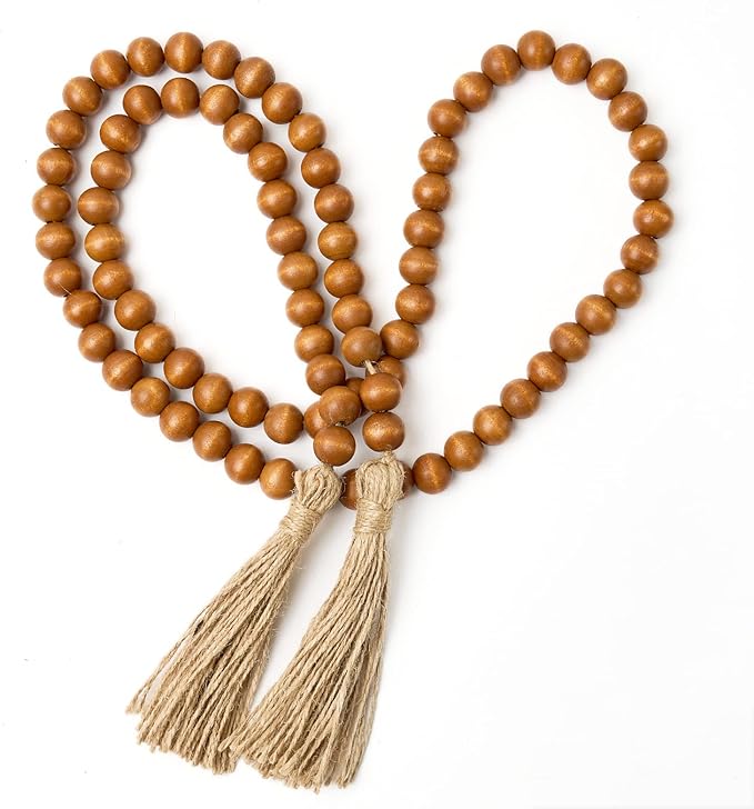 OMISHE 59in Wood Bead Garland with Tassels, Decorative Beads Decor, Farmhouse Wooden Beads Garland for Wall Hanging Home Festival Decor, Brown