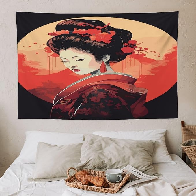 Japanese Woman Geisha Tapestry Asian Cherry Blossom Red Sun Traditional Kimono Folk Tapestries Home Decor for Living Room Bedroom Apartment Farmhouse Dorm 60"x40"