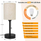Small Bedside Table Lamp for Nightstand with USB & Outlet, 3 Color, Matte Black, Beige Lampshade (LED Bulb Included)