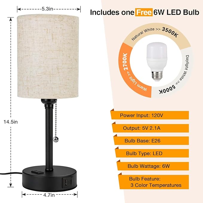 Small Bedside Table Lamp for Nightstand with USB & Outlet, 3 Color, Matte Black, Beige Lampshade (LED Bulb Included)