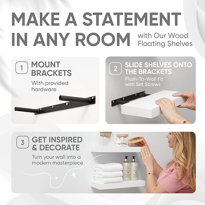 Homeforia White Floating Shelves 16 inch, High End Solid Real Wood 16inch Bathroom Floating Shelf for Wall Mounted, White Wooden 16 Floating Shelves, Heavy Duty Bracket, 16 X 6.5 X 1.75 inch, Set of 2