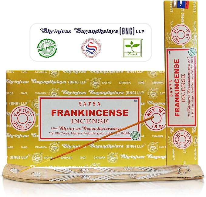 Satya Frankincense Sticks Incense Sticks, Satya Bng Insenses 15gmx12 Pack with Raajsee Incense Holder Bundle, Satya Nagchampa Natural Incense