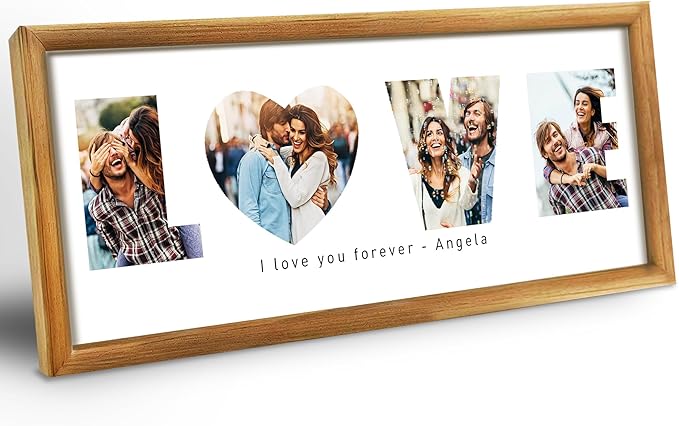 Gifts for Him/Her - Personalized Photo Frame with LOVE Letters Design, Natural Wood, Wall Mount or Tabletop Display, Gifts for Boyfriend Girlfriend Anniversary Birthday Valentine's