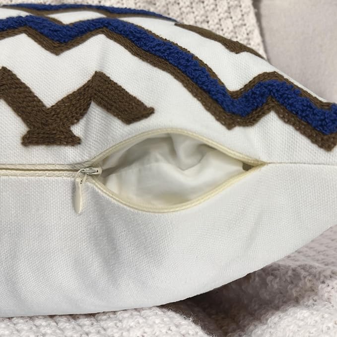 Alysheer Embroidered Lumbar Decorative Throw Pillow Cover 12"x 20", Classic Boho Geometric Embroidery Pattern Cotton Rectangular Cushion Case for Sofa Couch Living Room Bedroom(Blue Brown)