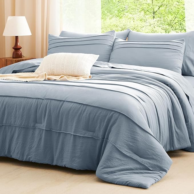 CozyLux California King Comforter Set Grayish Blue, 7 Pieces Pinch Pleat Bed in a Bag Cal King Comforter Set with Sheets, Bed Set with Down Alternative Comforter, Sheets, Pillowcases & Shams