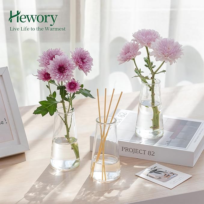 Hewory Glass Bud Vases for Centerpieces: Small Clear Modern Flower Vase Set of 6, Minimalist Cute Mini Decorative Bulk Vases for Wedding Birthday Bridal Shower Party Events Dining Room Table Decor