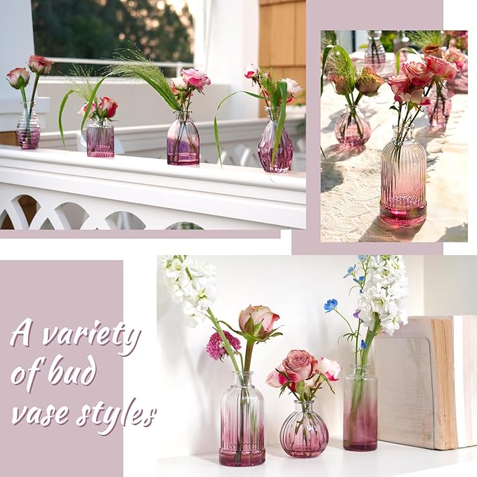 Bud Vases 24 in Bulk, Small Purple Vase Glass Vases for Flowers Vintage Ribbed Colored Wedding Flower Vase for Decor in Bulk Decor Bridal Shower Centerpieces Home Table Decoration