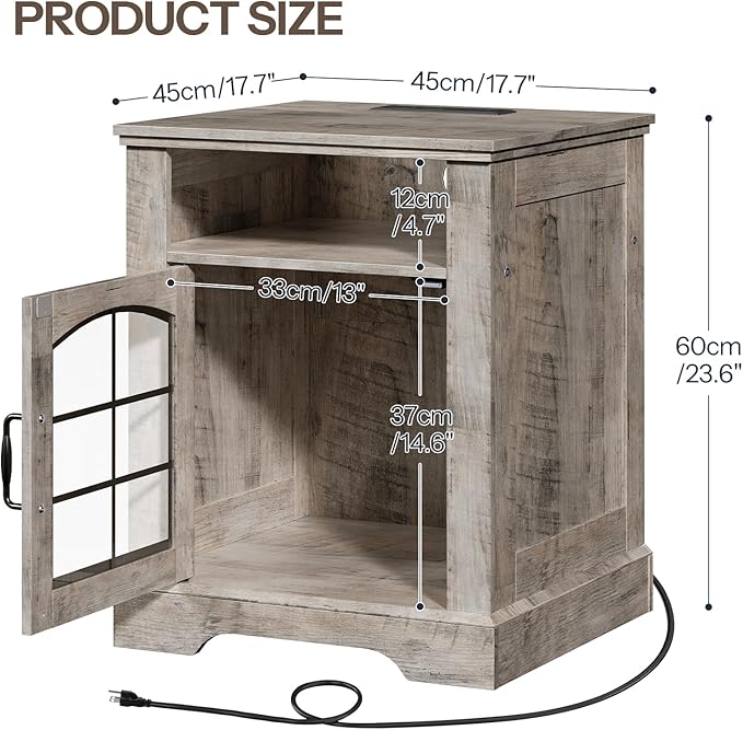 HOOBRO Small Farmhouse End Table for Living Room, Rustic Nightstand with Charging Station, Wooden Sofa Side Table with Tempered Glass Barn Door, for Bedroom, Greige GY405UBZ01