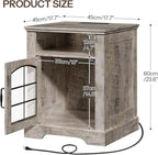 HOOBRO Farmhouse Nightstand Set of 2, with Charging Station, 17.7" Wide Rustic End Tables for Living Room, Wooden Sofa Side Table with Tempered Glass Barn Door and Open Shelf, Greige