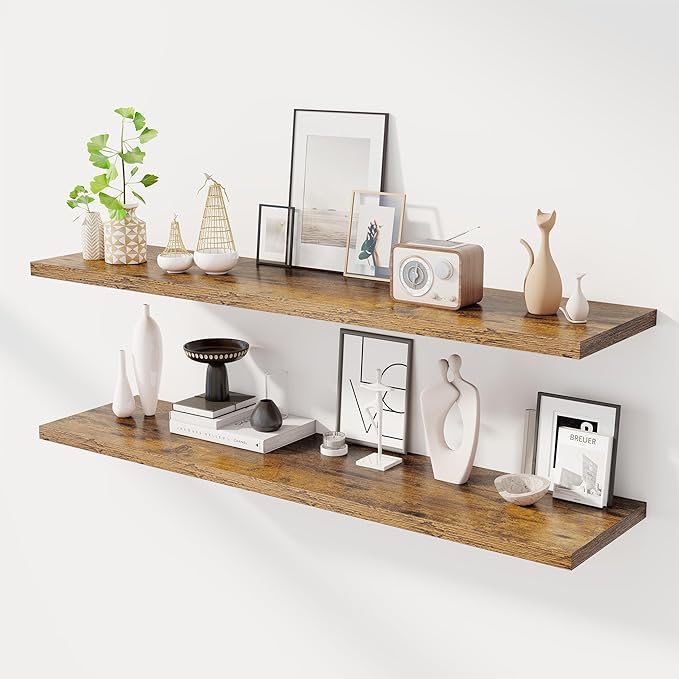 Dreamland 55" Floating Shelves for Wall, 12" Deep Slim Rustic Brown Floating Shelves, Wall-Mounted Shelves for Bedroom, Living Room, Kitchen, Bathroom - Set of 2