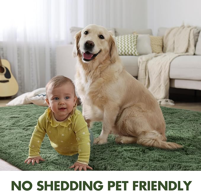 4x6 Ft Shag Green Area Rug for Bedroom Living Room, Ultra Soft Fluffy Furry Rugs for Indoor Floor, Aesthetic Carpet for Kids Home Decor