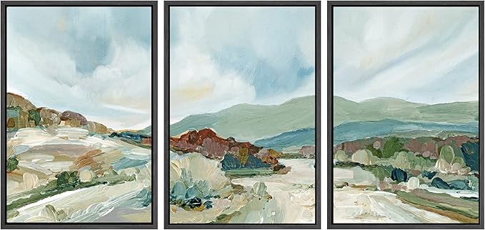 SIGNWIN Framed Canvas Print Wall Art Set Pastel Watercolor Blue Sky Mountain Range Landscape Nature Wilderness Illustrations Modern Art Decorative Scenic Relax/Calm for Bedroom - 16"x24"x3 Black