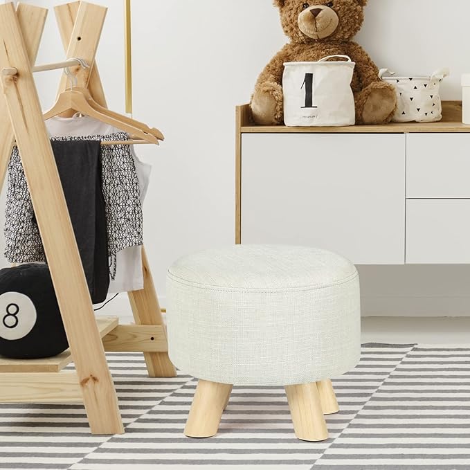 Asense Small Round Ottoman Foot Rest Stool Fabric Padded Seat Footstool Ottoman with Non-Skid Wooden Legs (Beige,Fabric)