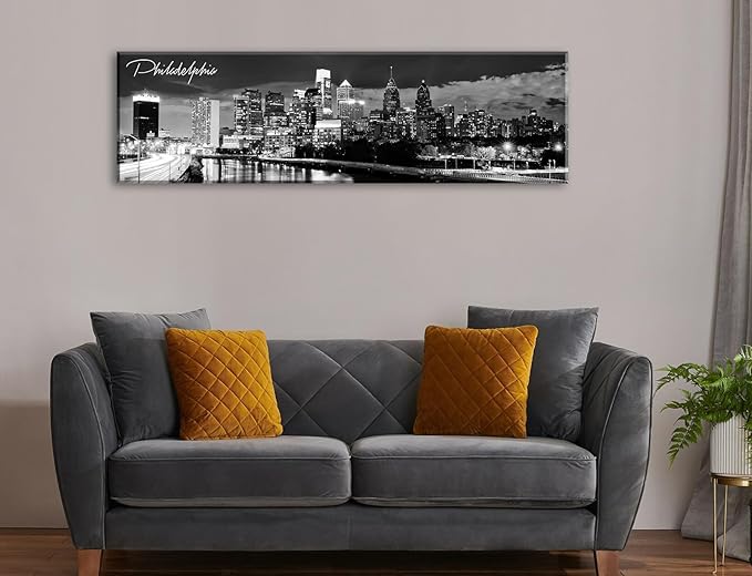 DJSYLIFE Philadelphia Skyline Canvas Art - 13.8"x47.3" Black & White Cityscape Wall Decor, Modern Panoramic Night View Print for Living Room, Office, Bedroom - Ready to Hang