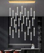 Rectangular Chandeliers 26-Lights Long Light for Entryway LED Dimmable Chandeliers Lighting Fixture Flat Sloped High Ceiling Pendant Lights Crystal for Living Room Foyer Hallway Staircase Gold
