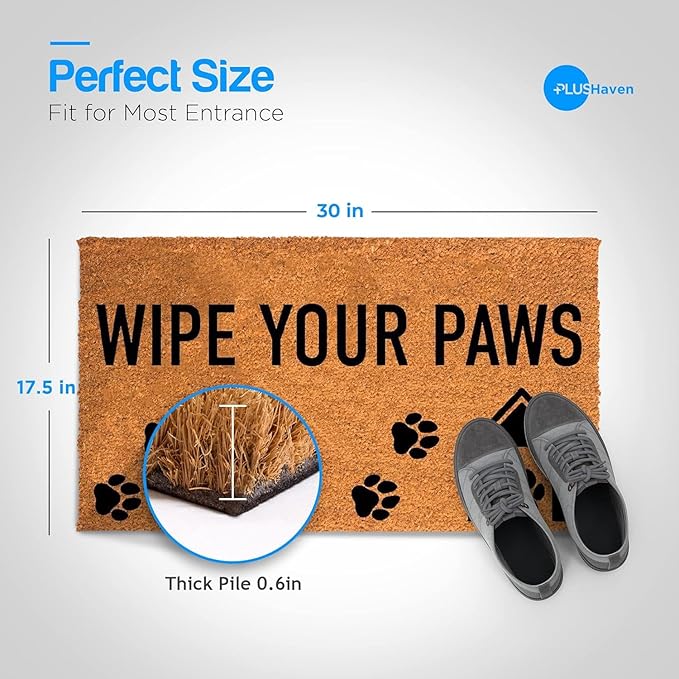 PLUS Haven Coco Coir Door Mat with Heavy Duty Backing, Natural Wipe Your Paws Doormat, 17.5”x30” for Entrance, Front Porch, Easy to Clean Entry Mat, Outdoor and Indoor Uses, Home Decor