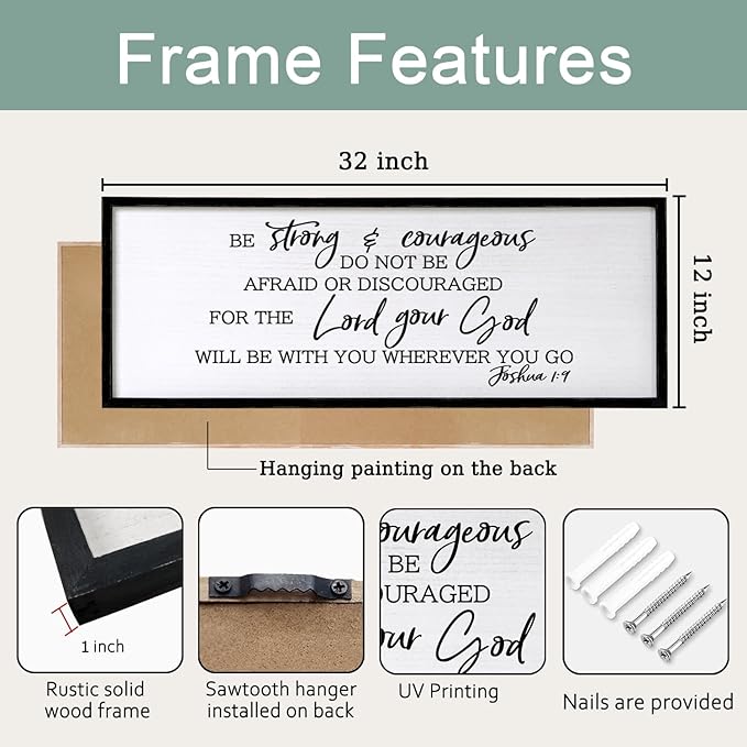 Be Strong And Courageous Sign Bible Verse Framed Wall Art, 32''×12'' Rustic Religious Christian Proverbs 3:5-6 Sign, Horizontal Holy Inspirational Catholic Scripture Decor