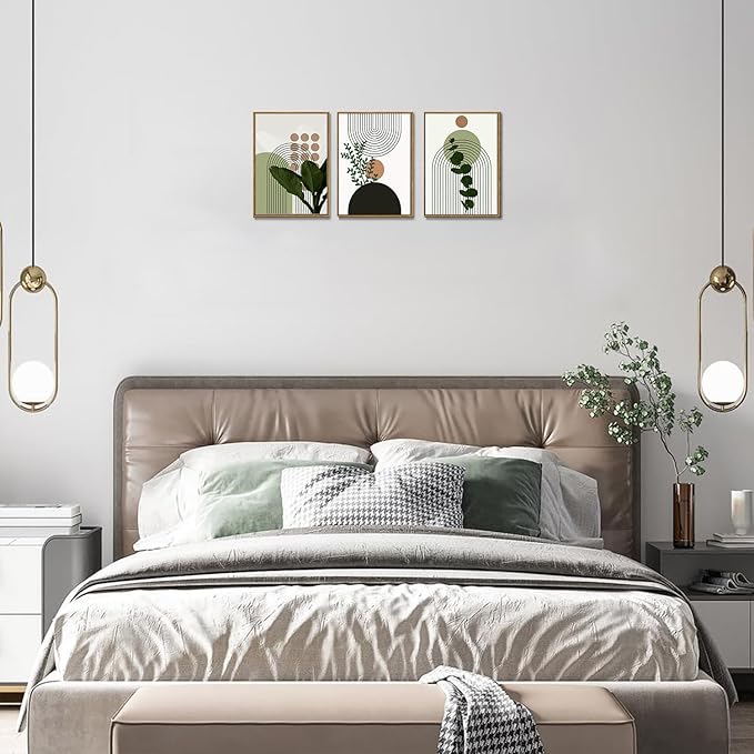 Bwodke Boho Wall Art, Framed Abstract Wall Art, Plant Canvas Wall Decor, Mid Century Line Leaf Geometric Pictures Set of 3, Minimalist Paintings, for Bedroom Living Room Bathroom 12"x16"