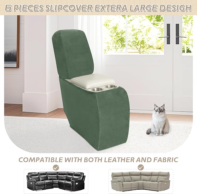 Arfntevss Sectional Recliner Couch Covers Velvet Corner Sectional Sofa Cover for Reclining Couch Stretch L Shape Recliner Slipcover Washable Middle Console Protector (1 Console Cover, Grayish Green)