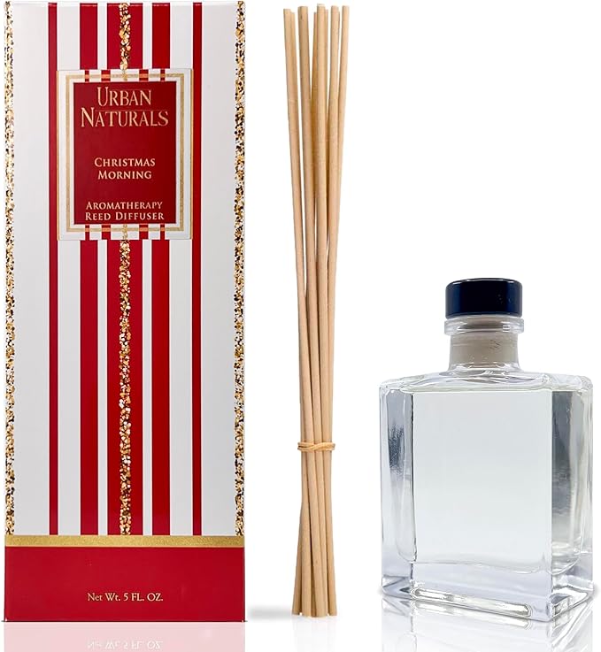 Urban Naturals Christmas Morning Reed Diffuser Set – Aromatic Rosemary, Eucalyptus, Balsam Spruce, Orange, Cedar & Amber – Sleek Rectangular Refillable Glass Bottle – Made in The USA