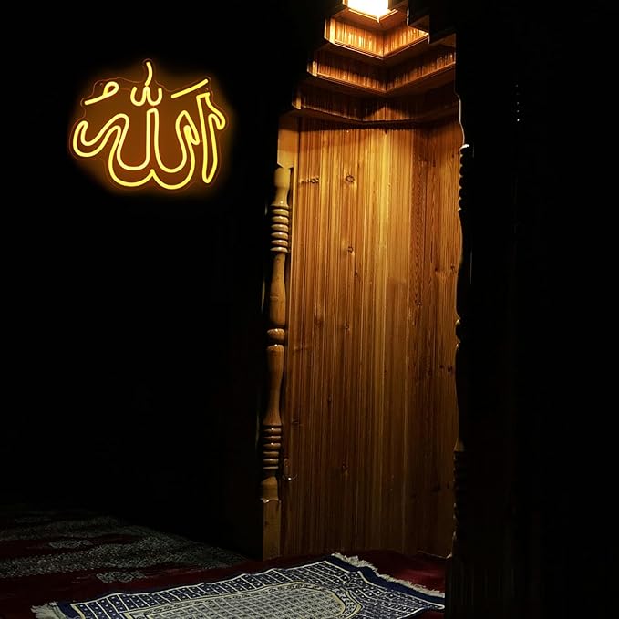 Allah Neon Sign Islamic Wall Art Muharram Neon Lights Dimmable Arabic Calligraphy LED Signs Quran Wall Decor Muslim Gifts Neon Light Up Sign for Islamic New Year Ramadan Decorations