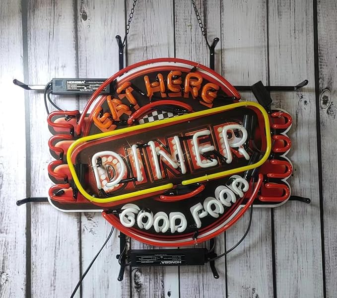 Eat Here Diner Good Food Glass Neon Signs,Neon Signs Beer Bar Club Bedroom for Office Hotel Pub Cafe Neon Light Art Wall Lights 24 X 20 Inches