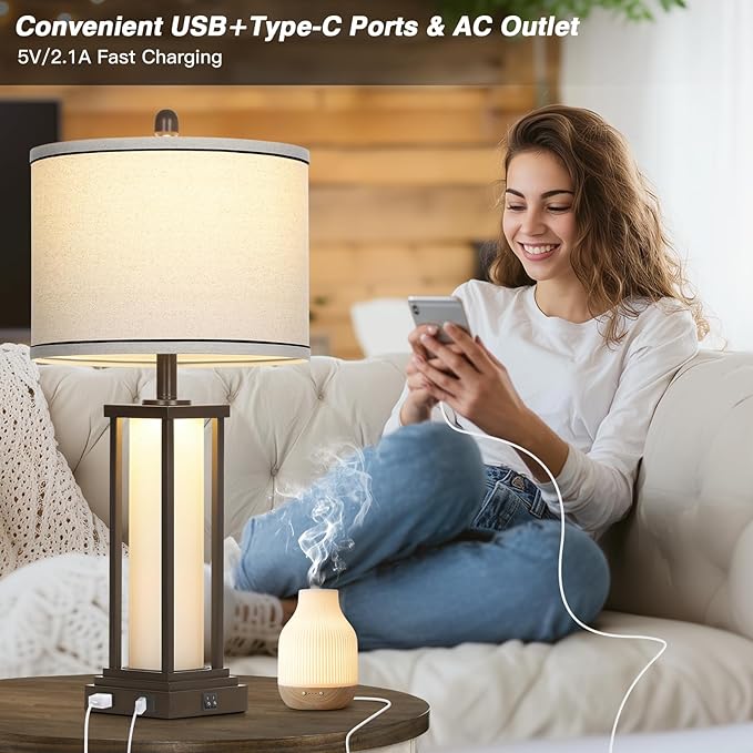 27in Tall Farmhouse Table Lamp Set of 2 with USB C+A & Outlet,Brown Industrial End Table Lamp for Living Room,Vintage Rustic Bedside Lamps with Night Light for Bedroom Nightstand,Brown