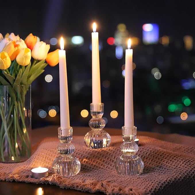 Woho Clear Ribbed Candlestick Holders 4.3" H Set of 6 for Wedding Table Centerpiece, Glass Taper Candle Holders for Holiday Home Decor, Vintage Candle Sticks Holder Decor for Thanksgiving Christmas