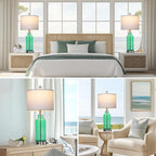 26.5" Coastal Green Glass Table Lamps Set of 2, 3-Way Dimmable Touch Control Bedside Lamps with USB Ports and AC Outlet, Teal Nightstand Lamps for Bedroom Living Room