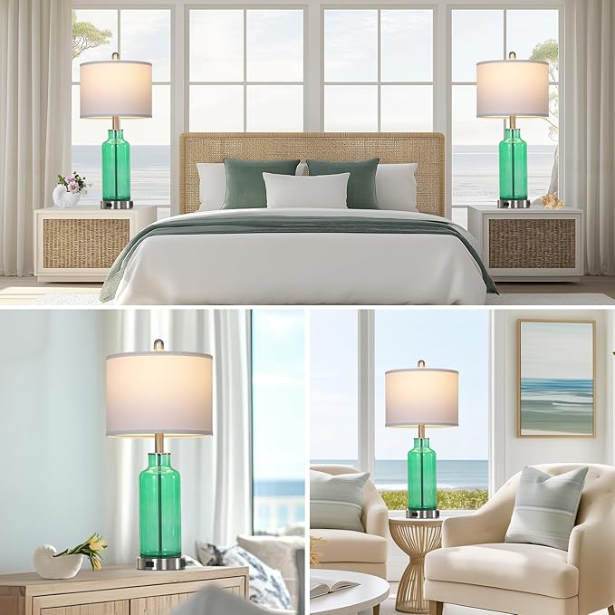 26.5" Coastal Green Glass Table Lamps Set of 2, 3-Way Dimmable Touch Control Bedside Lamps with USB Ports and AC Outlet, Teal Nightstand Lamps for Bedroom Living Room